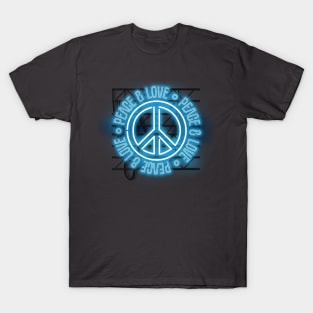 Peace and Love - Blue Neon Symbol T-Shirt